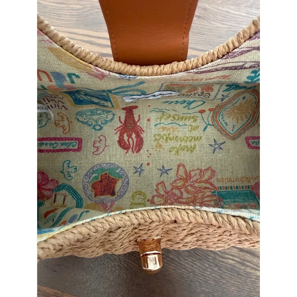 Woven Straw Crossbody Bag Tan Gold Chain Strap Turn Lock‎ Summer Beach Clutch